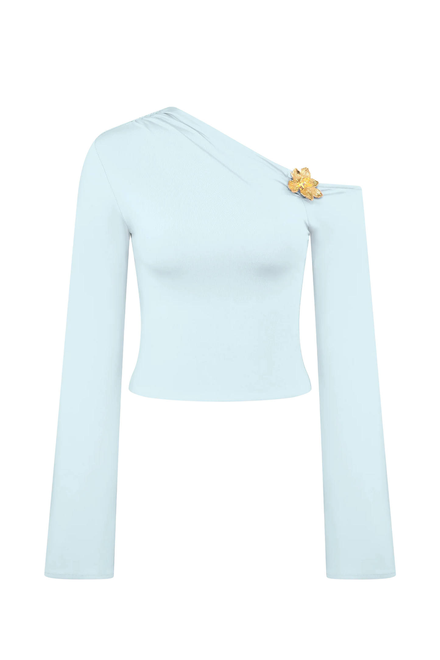 Ainsley Asymmetrical Long Sleeve Top With Floral Hardware - Pale Blue