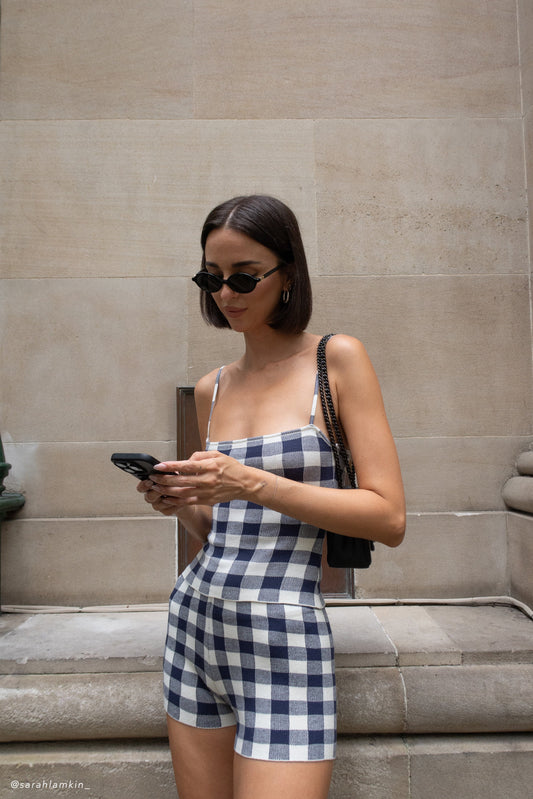 Marcie Sleeveless Knit Top - Navy Gingham