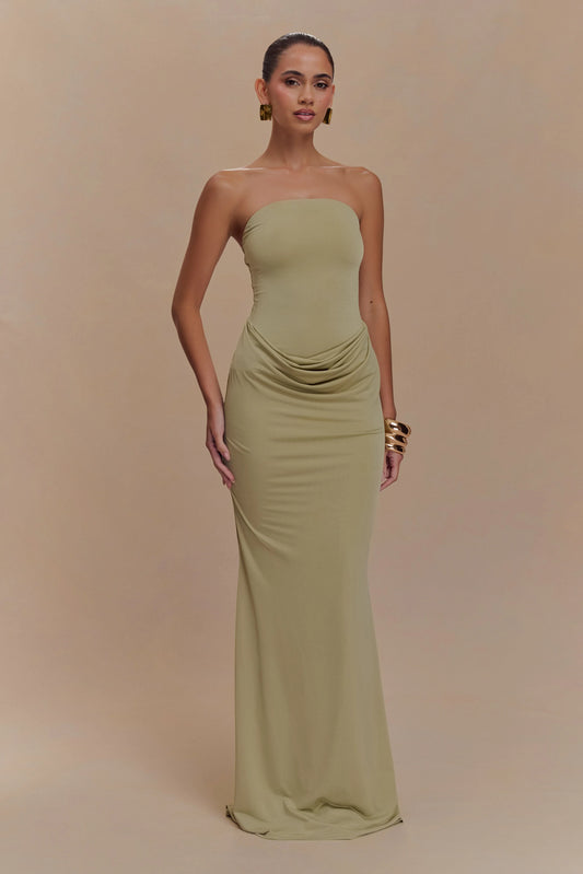 Madison Strapless Slinky Maxi Dress - Sage